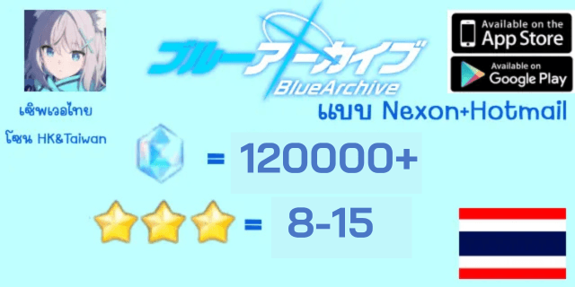 120000+เพชร 3*x8-20 ตั๋ว10x30 Blue Archive เซิพภาษาไทย (โซนNA) แบบ Nexon ยก hotmail